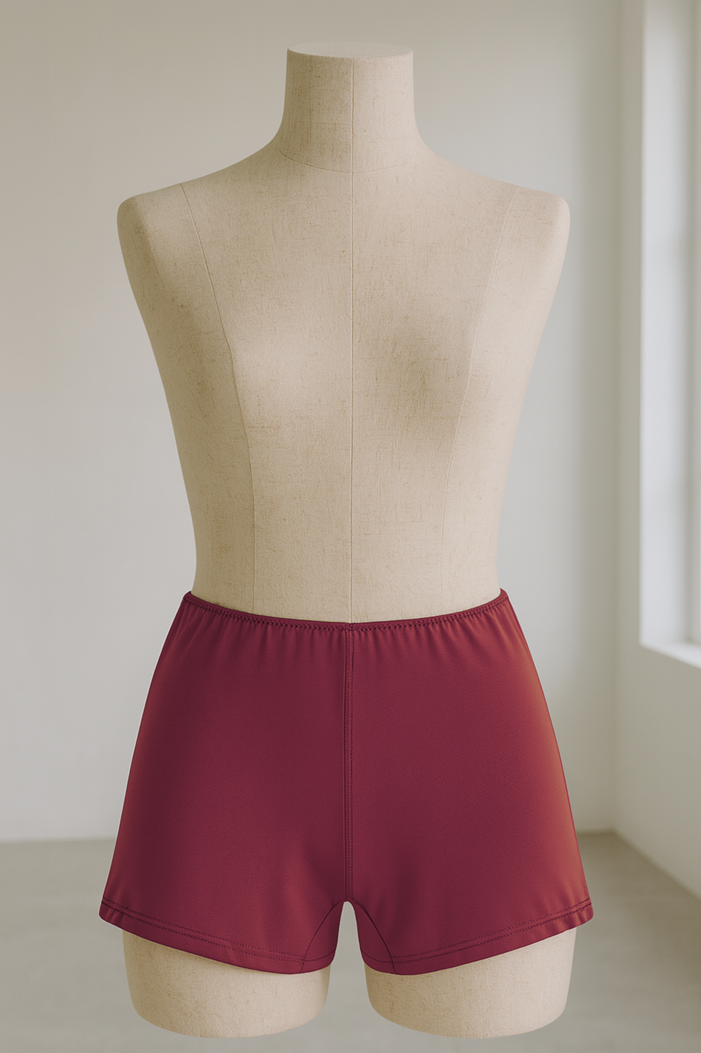 Burgundy shorts on a cloth mannequin against a neutral background - made from sustainable Austrian micromodal from beech trees. Handcrafted in England