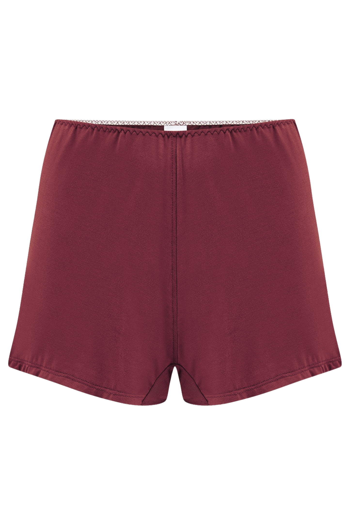 Burgundy shorts against a neutral background - made from sustainable Austrian micromodal from beech trees. Handcrafted in England