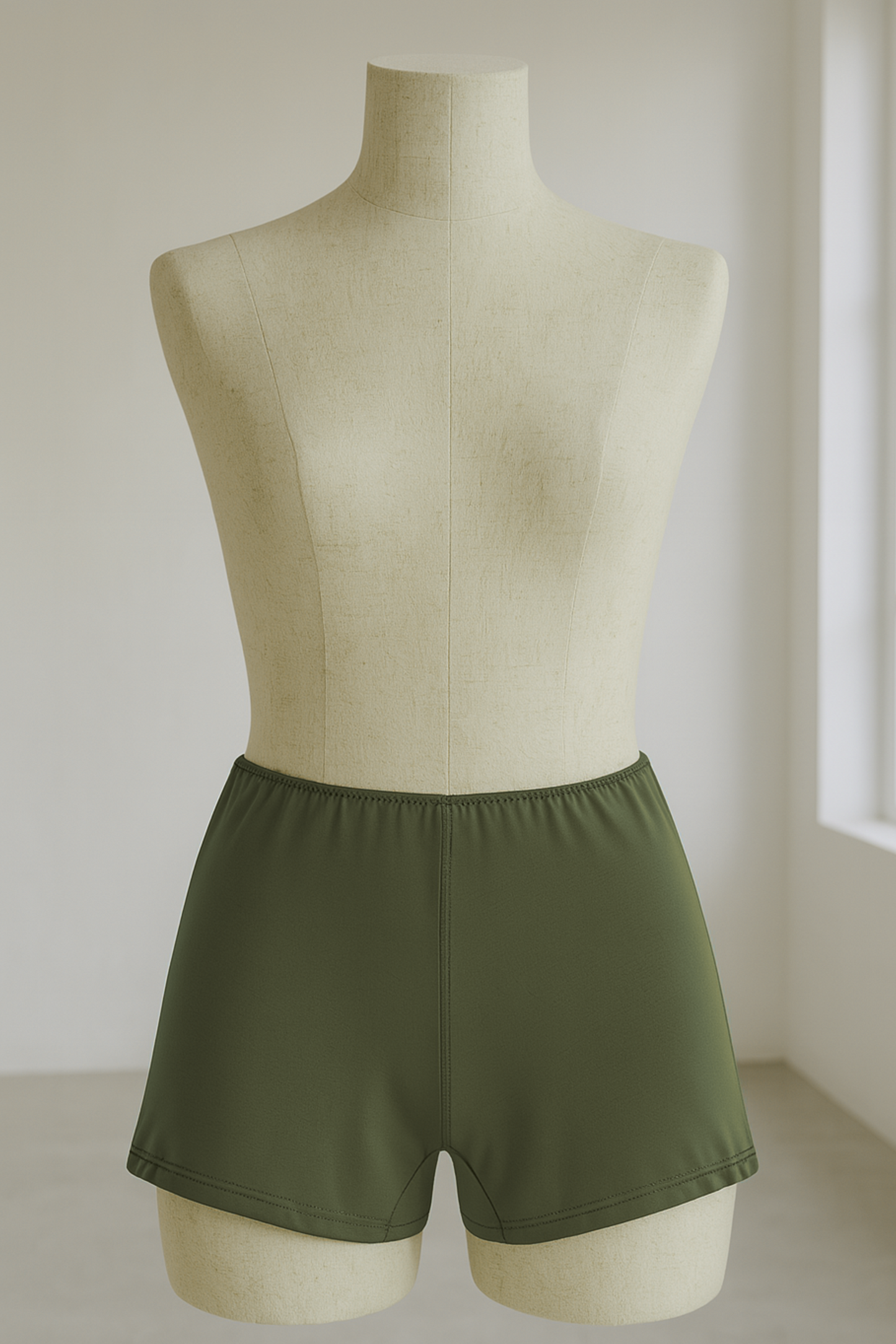 Green shorts on a mannequin against a neutral background made in England from sustainable Austrian micromodal