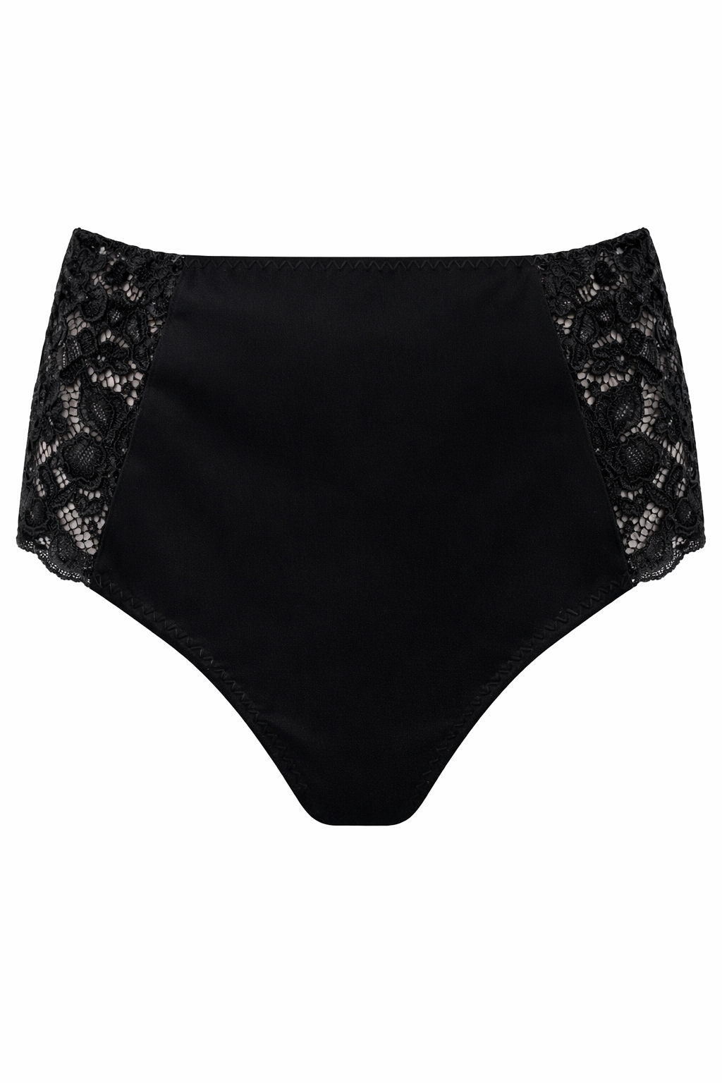 Black high-waisted underwear with lace trim on a white background