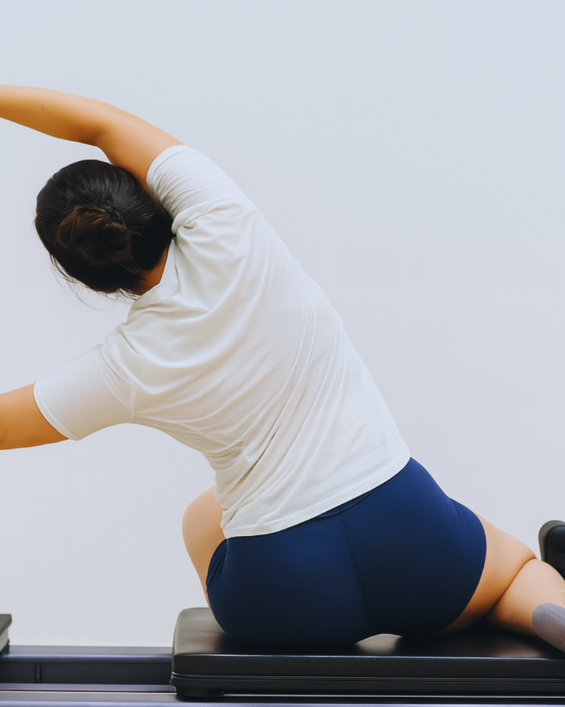 Woman stretching on a pilates reformer, wearing Cuurve Cosy Charlotte navy comfort shorts.