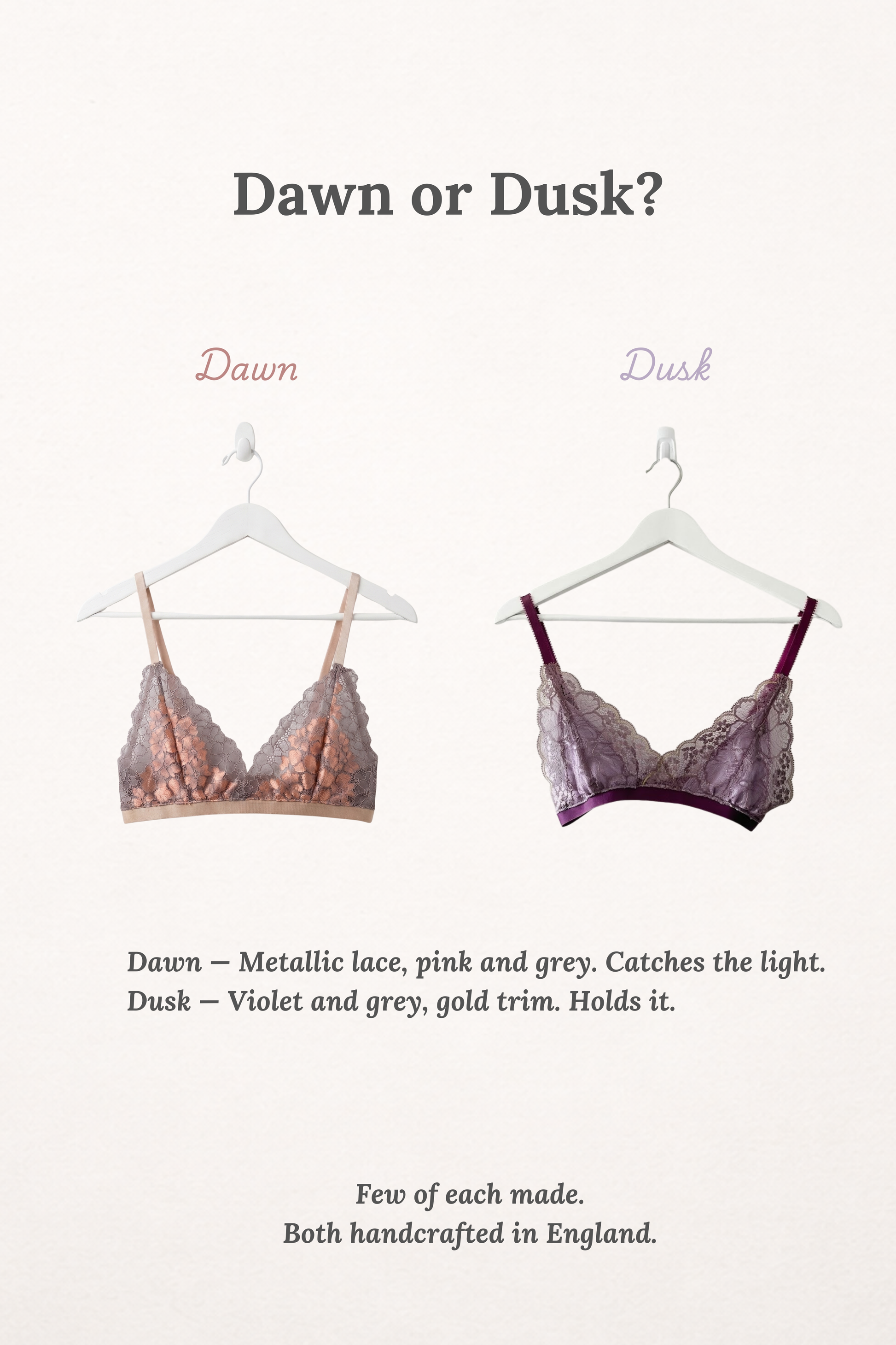Two lace bras on hangers with text describing 'Dawn' and 'Dusk' styles.