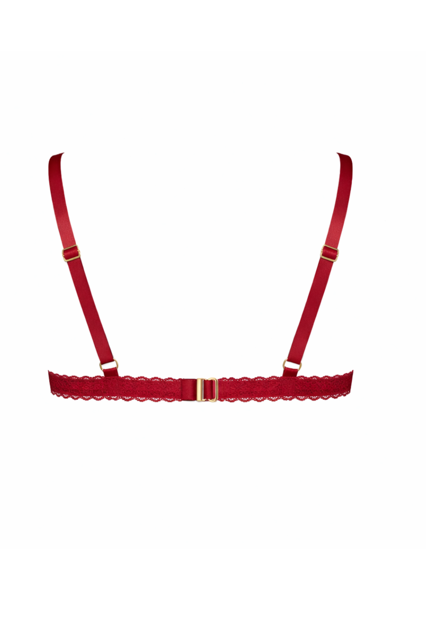 Back view of an airy red wire-free lace triangle bralette showing adjustable straps and J-hook fastening with two hook positions.