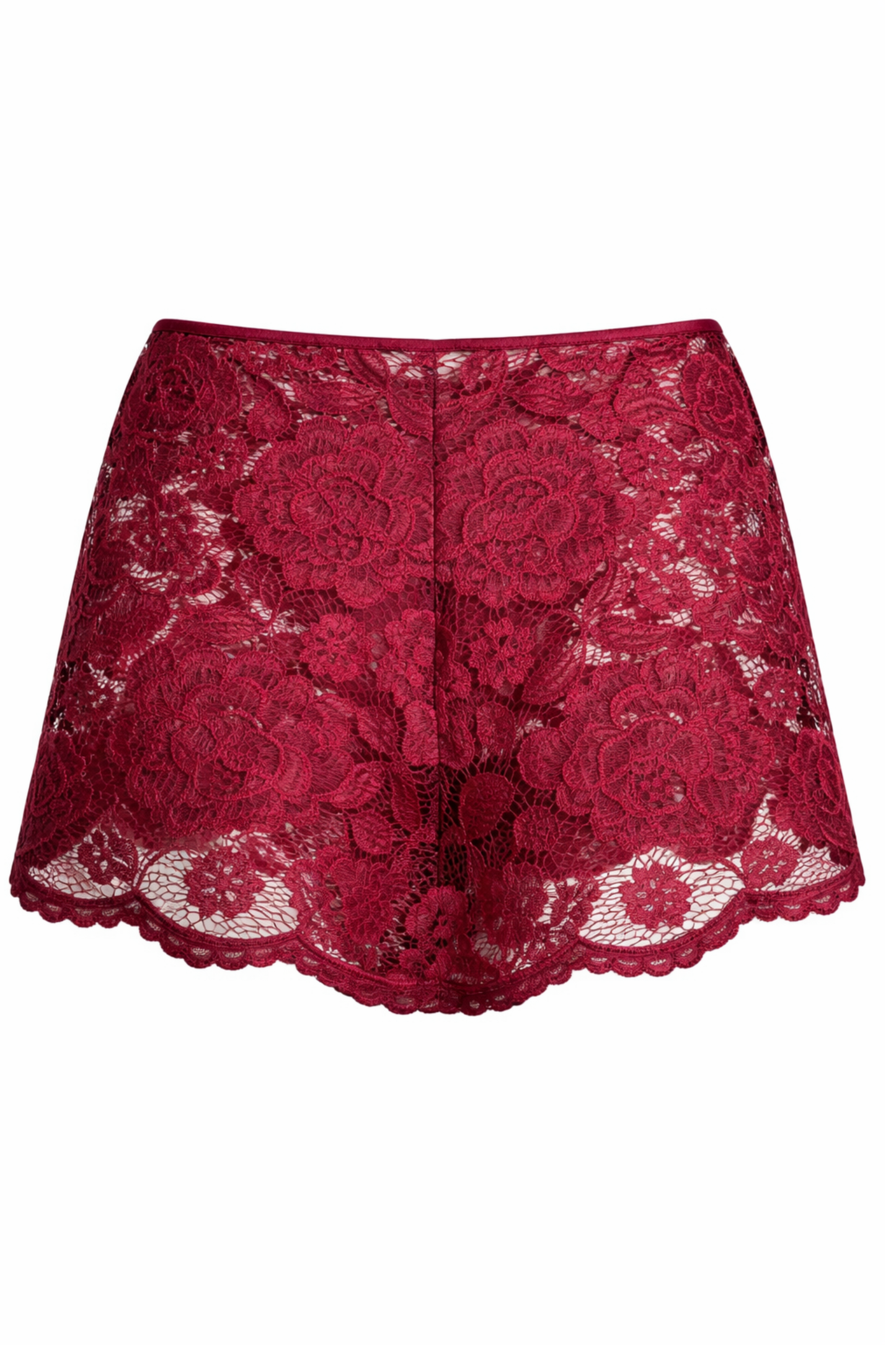 Back view of burgundy floral lace shorts showing full lace coverage and a smooth, comfortable fit.