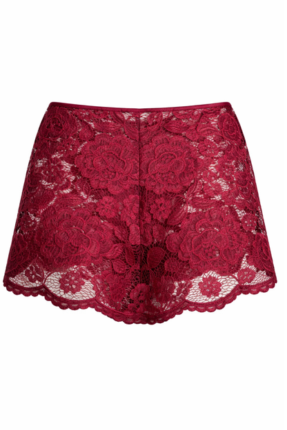 Back view of burgundy floral lace shorts showing full lace coverage and a smooth, comfortable fit.