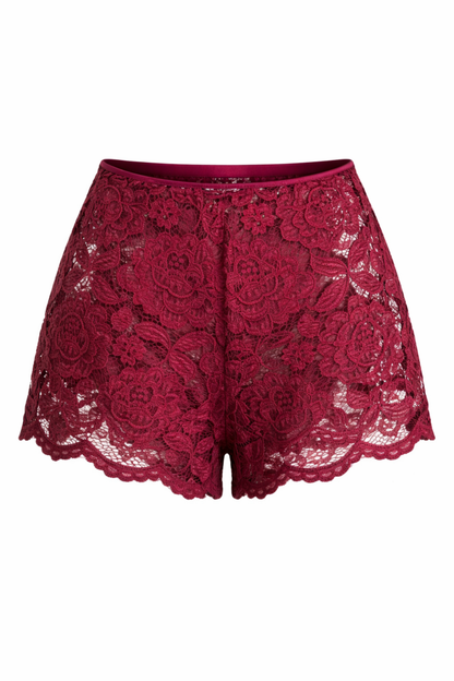 Front view of burgundy floral lace shorts with a soft scalloped hem and lightweight, breathable fit.