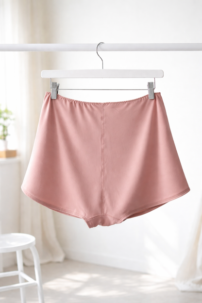 Cuurve Cosy Charlotte Shorts in Blush modal jersey, hanging on a clothes hanger against a bright minimal background