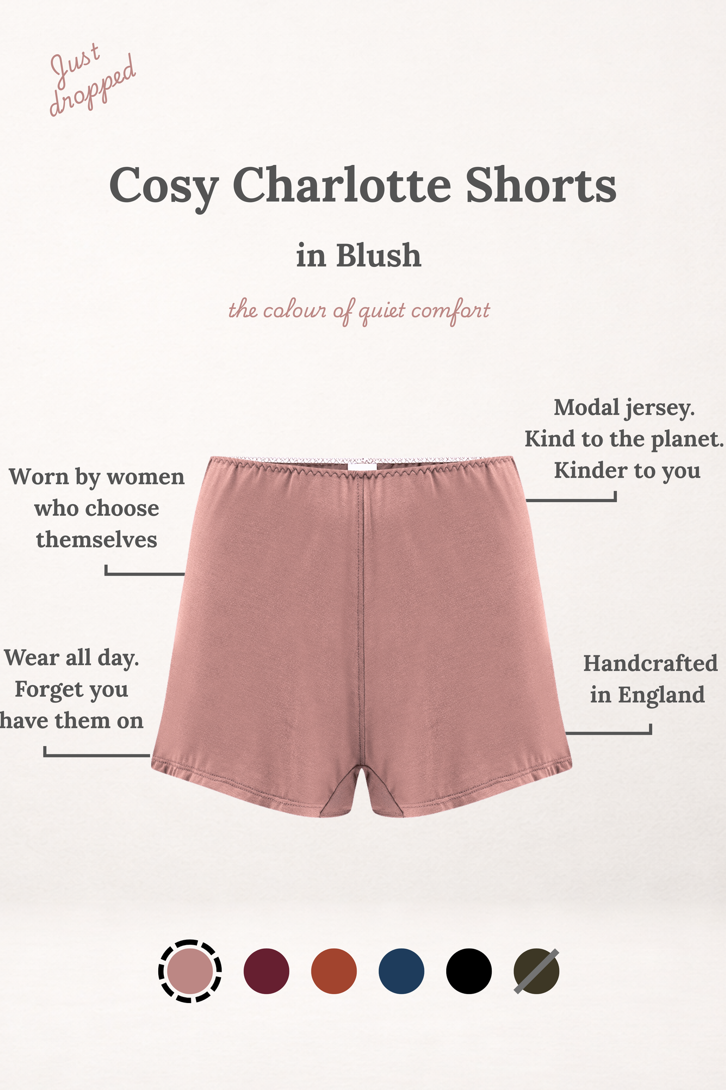 Cosy Charlotte Shorts in Blush on a white background with text and color swatches.