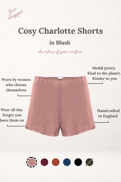 Cosy Charlotte Shorts in Blush on a white background with text and color swatches.