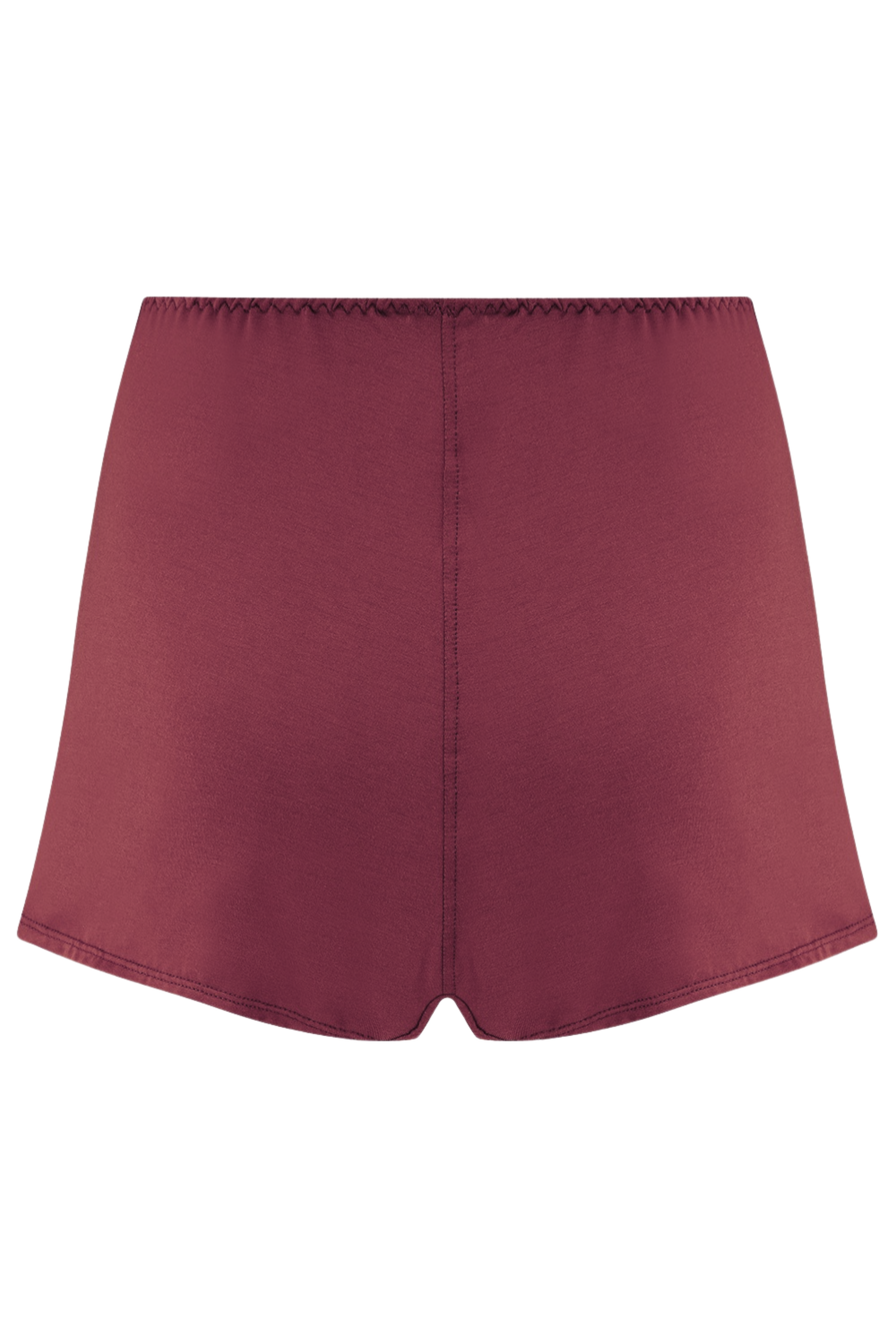 Burgundy shorts against a neutral background - made from sustainable Austrian micromodal from beech trees. Handcrafted in England