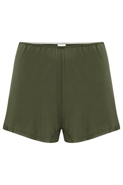 Green shorts made from Austrian Micromodaol from sustainable beech trees on a white background- handcrafted in england