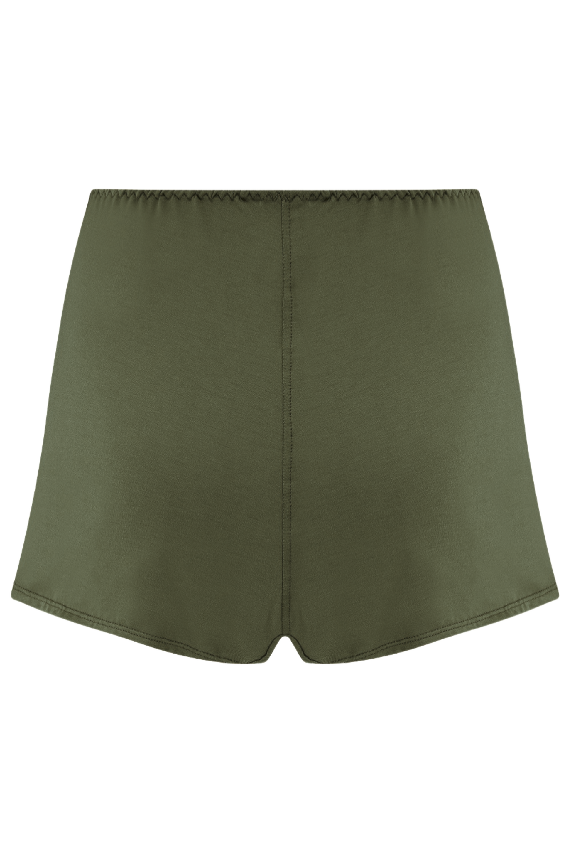 Green shorts on a white background made from Austrian micromodal from sustainable beech trees. Handcrafted in England. 