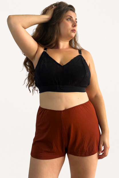 Cosy Charlotte shorts in spiced terracotta - made from supersoft Austrian micromodal jersey from trees and made in England. 