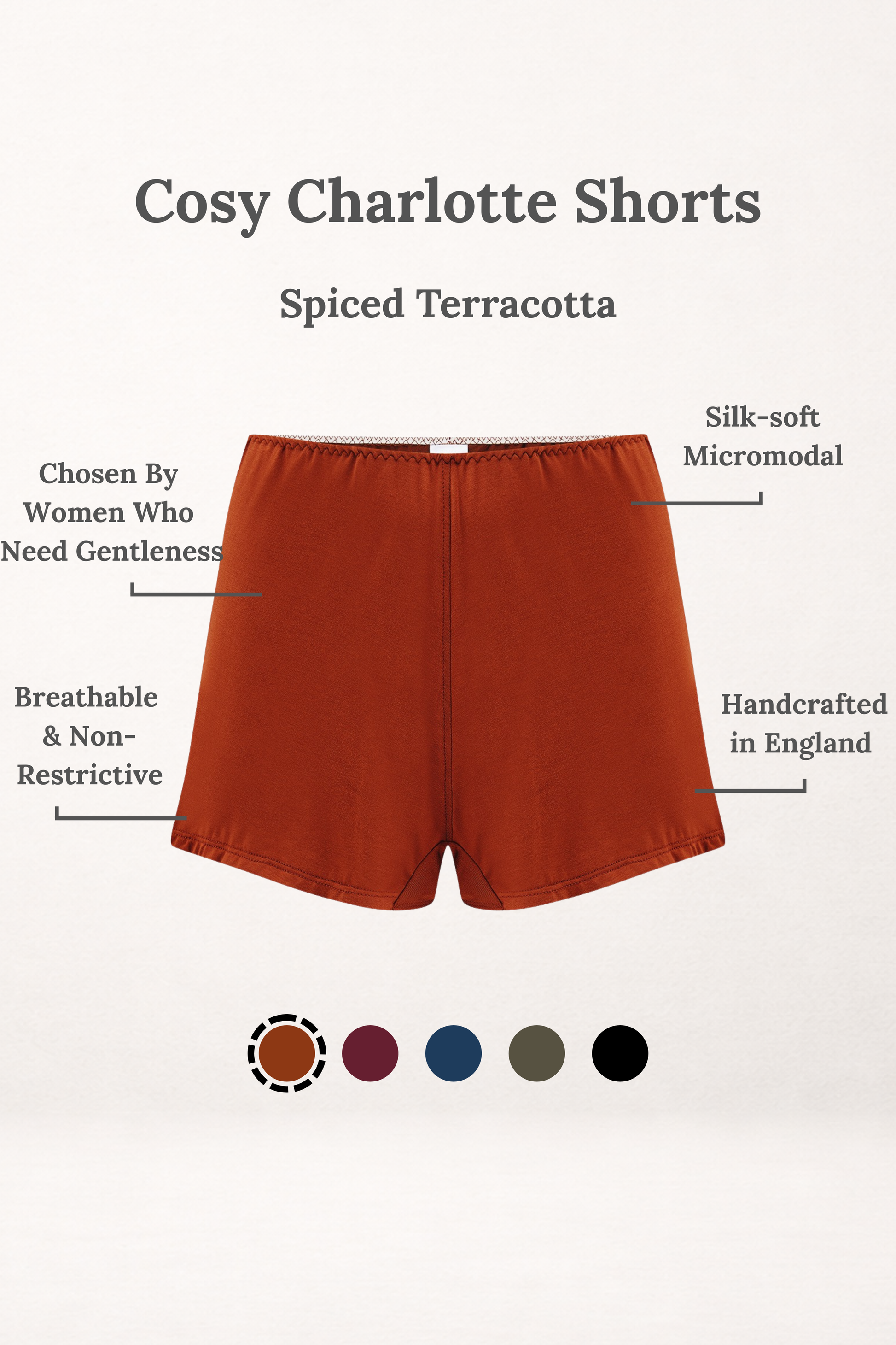 Spiced Terracotta Cosy Charlotte shorts with annotated product details, including silk-soft micromodal, handcrafted in England, and breathable, non-restrictive design, on a white background.