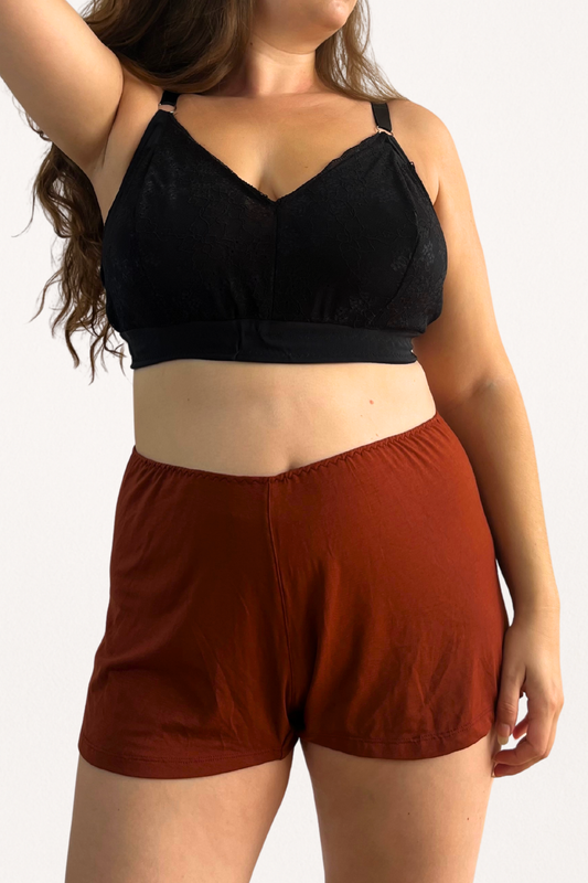 Cosy Charlotte shorts in spiced terracotta - made from supersoft Austrian micromodal jersey from trees and made in England. 