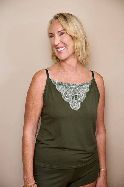 Model wearing the Cosy Charlotte Set: Dark Olive TENCEL™ Modal cami and shorts, photo 3