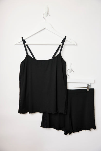 Cuurve Sweet Sienna Set — black lyocell cami and shorts on a hanger, full set