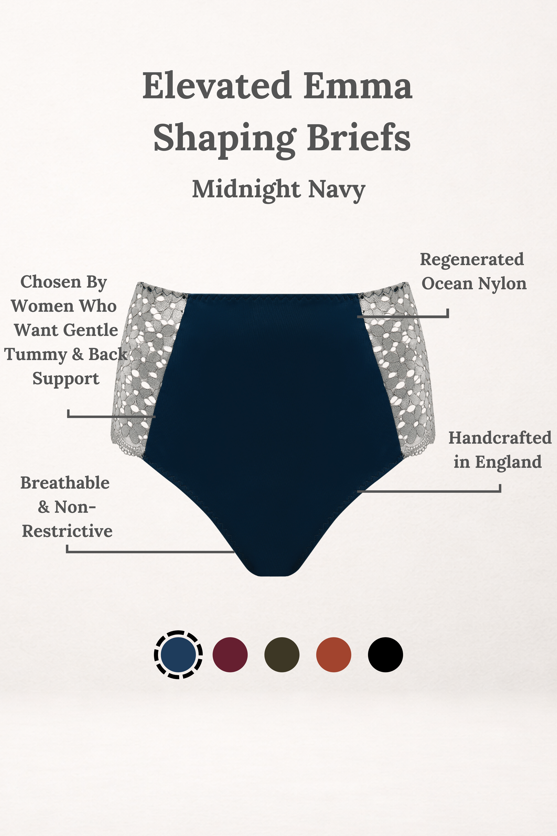 Midnight Navy Elevated Emma shaping briefs with lace side panels, showing key features: gentle tummy and back control, breathable and non-restrictive, regenerated ocean nylon, handcrafted in England.