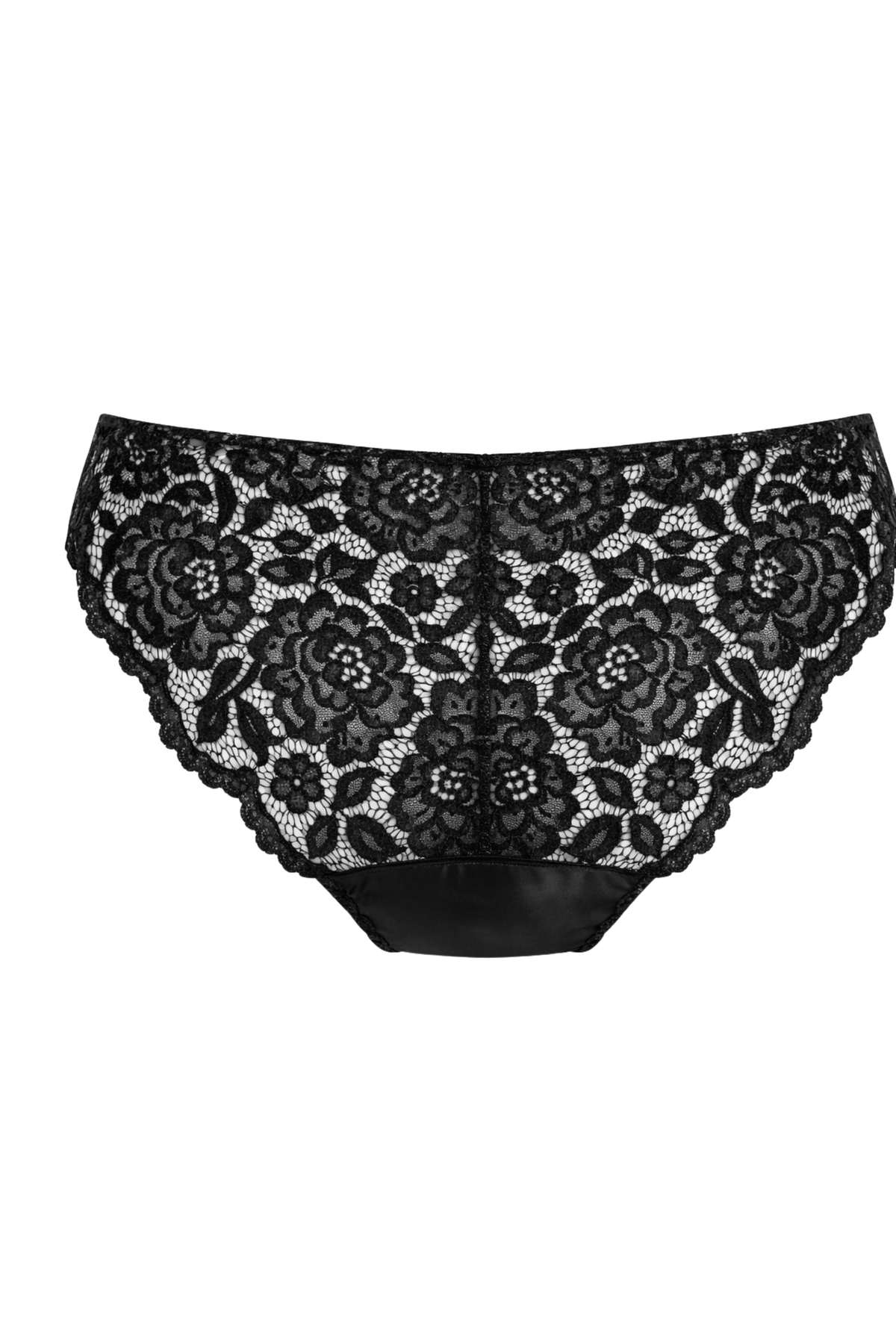 Black Sleek Sophie low-rise brief with a floral lace back and scalloped edges