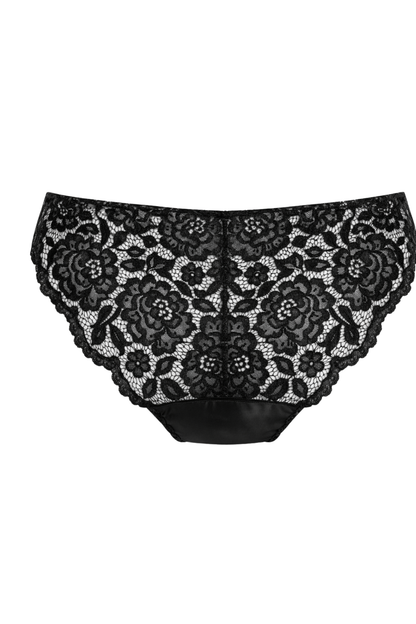 Black Sleek Sophie low-rise brief with a floral lace back and scalloped edges