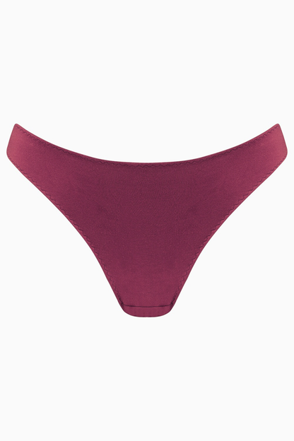 Burgundy low rise brief for women, designed to be loose and non-constricting for sensitive or swollen bodies, with a smooth front panel.