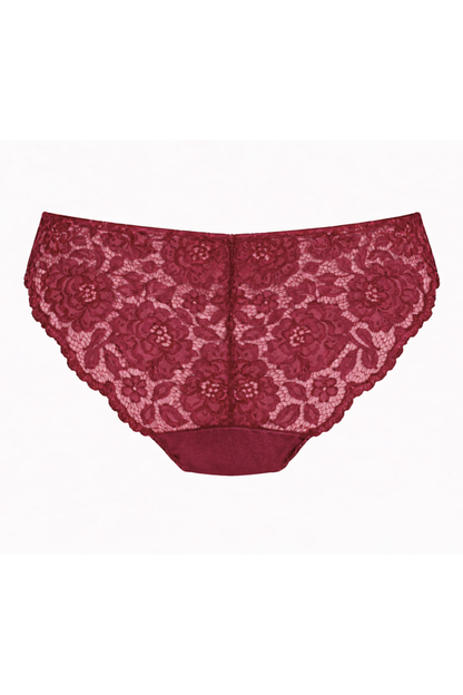Low rise burgundy brief with breathable floral lace back and rounded scalloped edges, designed to flex comfortably with bloating or swelling.