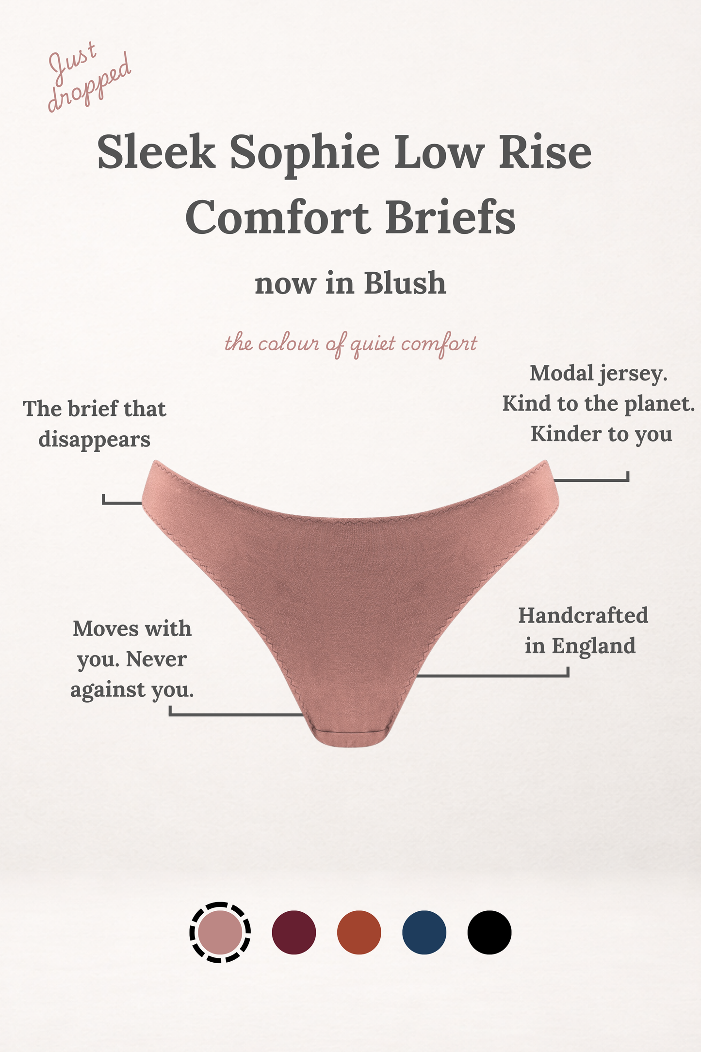 Cuurve Sleek Sophie Low Rise Brief product poster in blush pink showing colourway swatches and fabric features