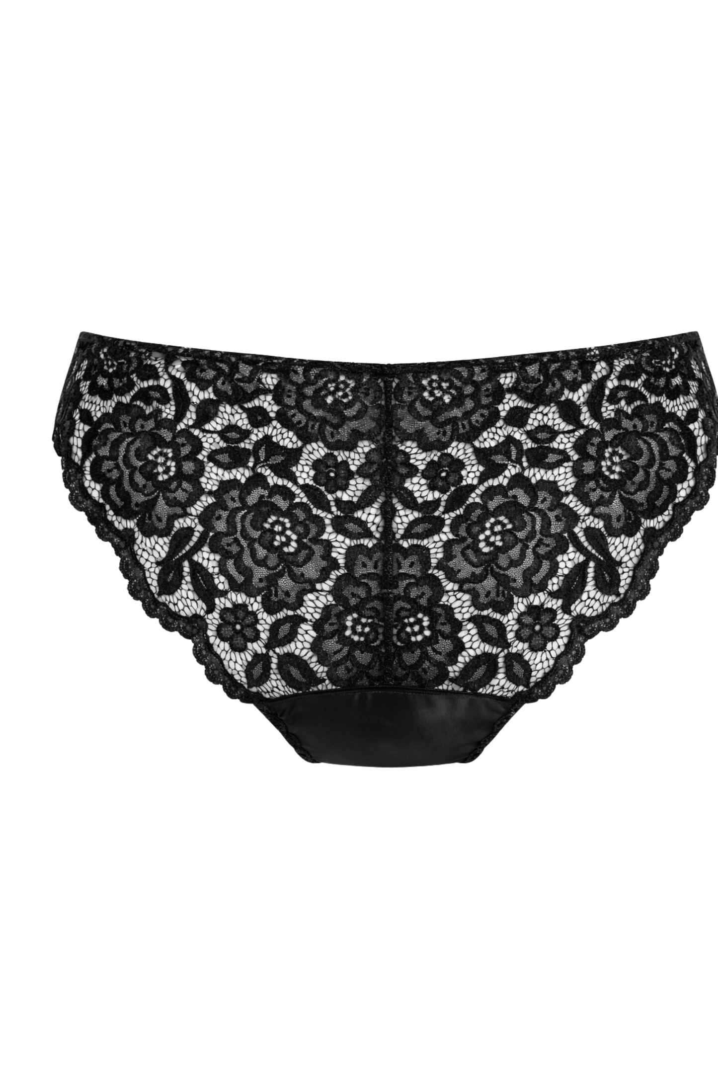 Low rise black lace brief with breathable floral lace back and rounded scalloped edges, gentle and comfortable underwear suitable for bloating or swelling. Made in England.