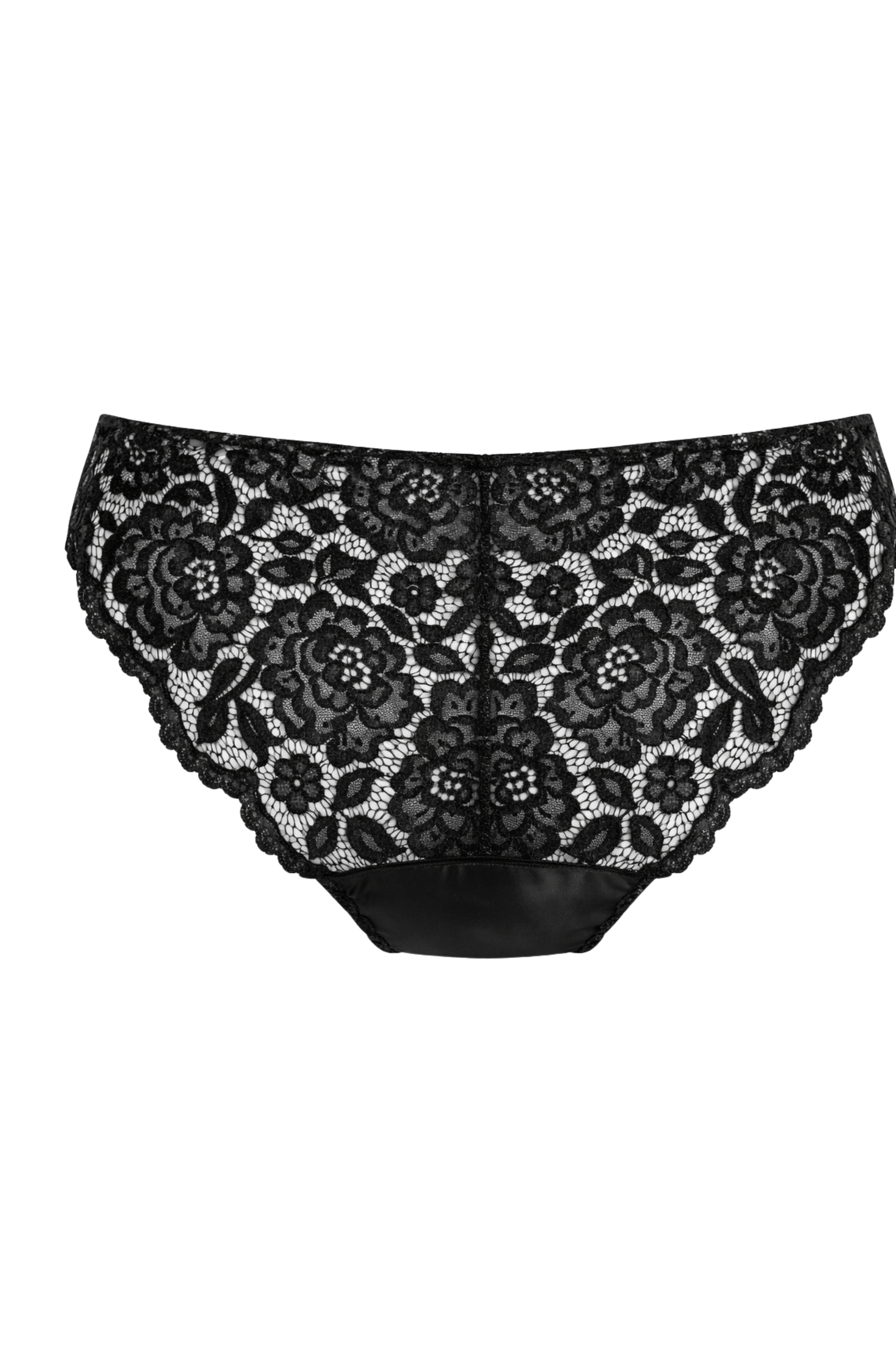 Low rise black lace brief with breathable floral lace back and rounded scalloped edges, gentle and comfortable underwear suitable for bloating or swelling. Made in England.