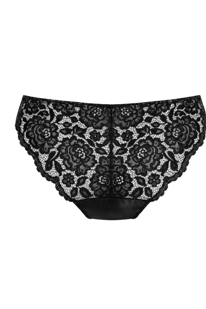Low rise black lace brief with breathable floral lace back and rounded scalloped edges, gentle and comfortable underwear suitable for bloating or swelling. Made in England.
