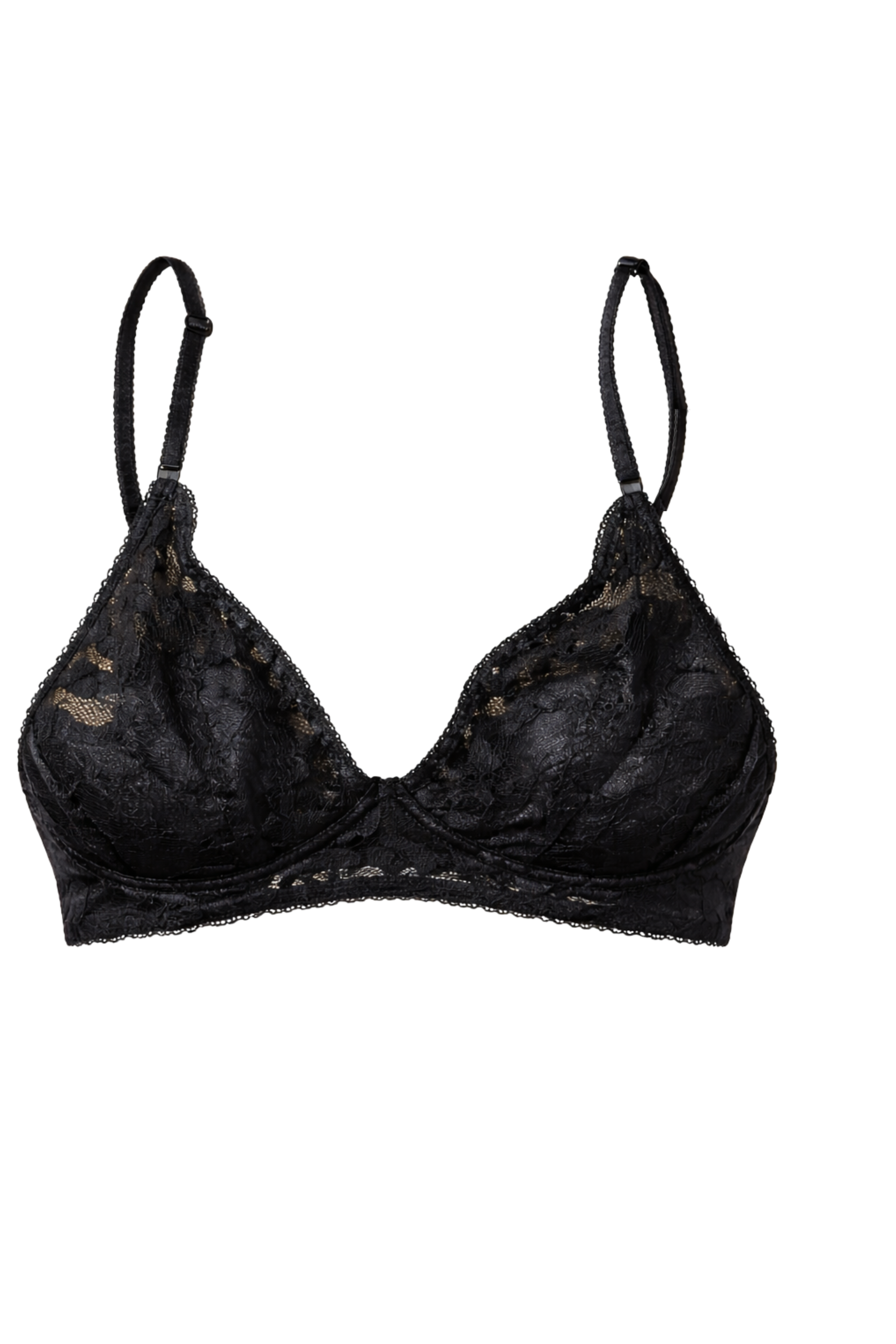 Front view of a soft black wire-free lace bra with gently structured cups and lace-lined finish.