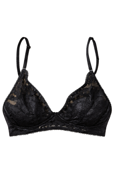 Front view of a soft black wire-free lace bra with gently structured cups and lace-lined finish.