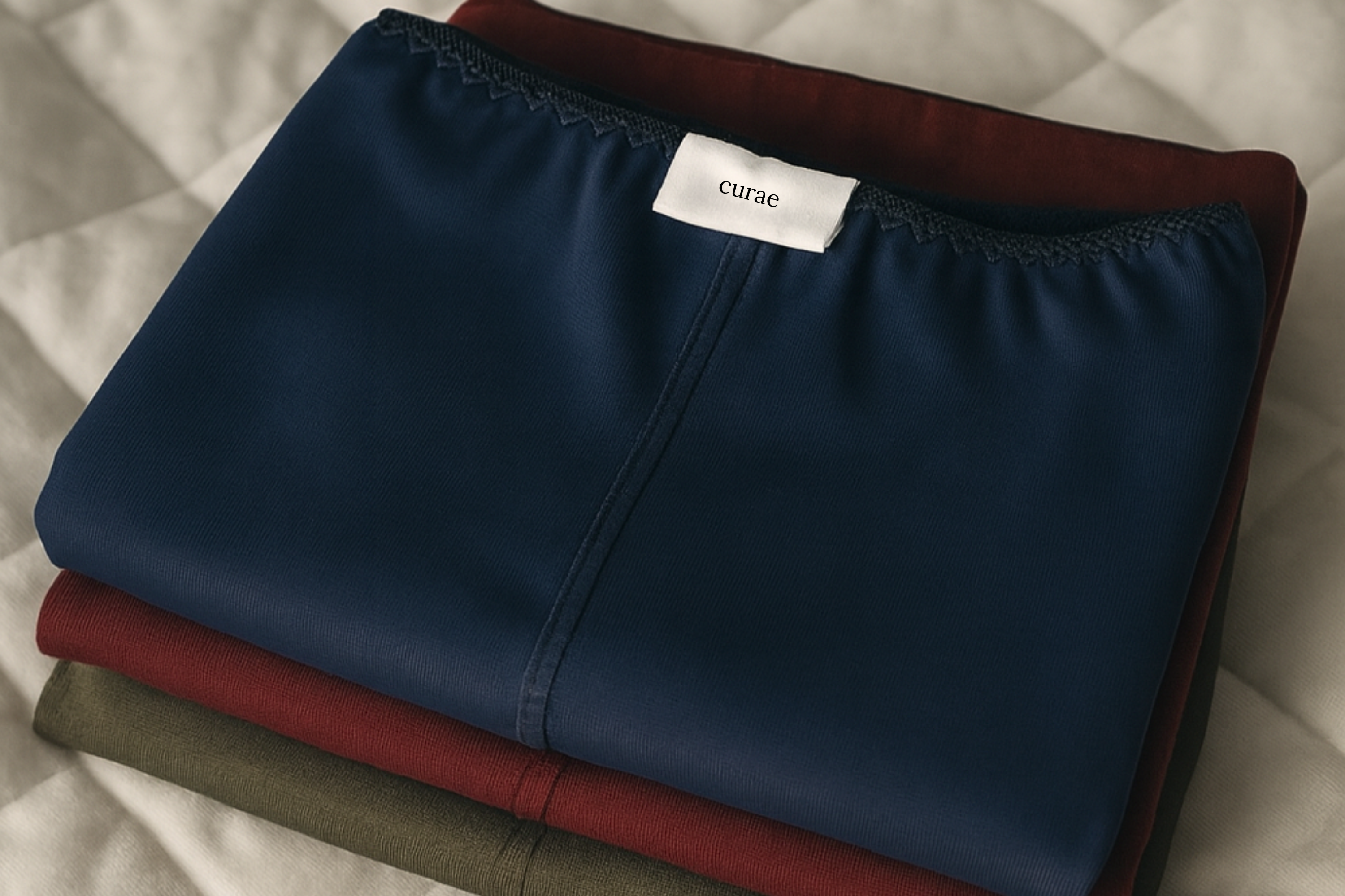 Stack of folded Cosy Charlotte boxer shorties in navy, burgundy, and dark olive with curae label — sustainable, gentle women’s underwear made for comfort and sensitive skin.