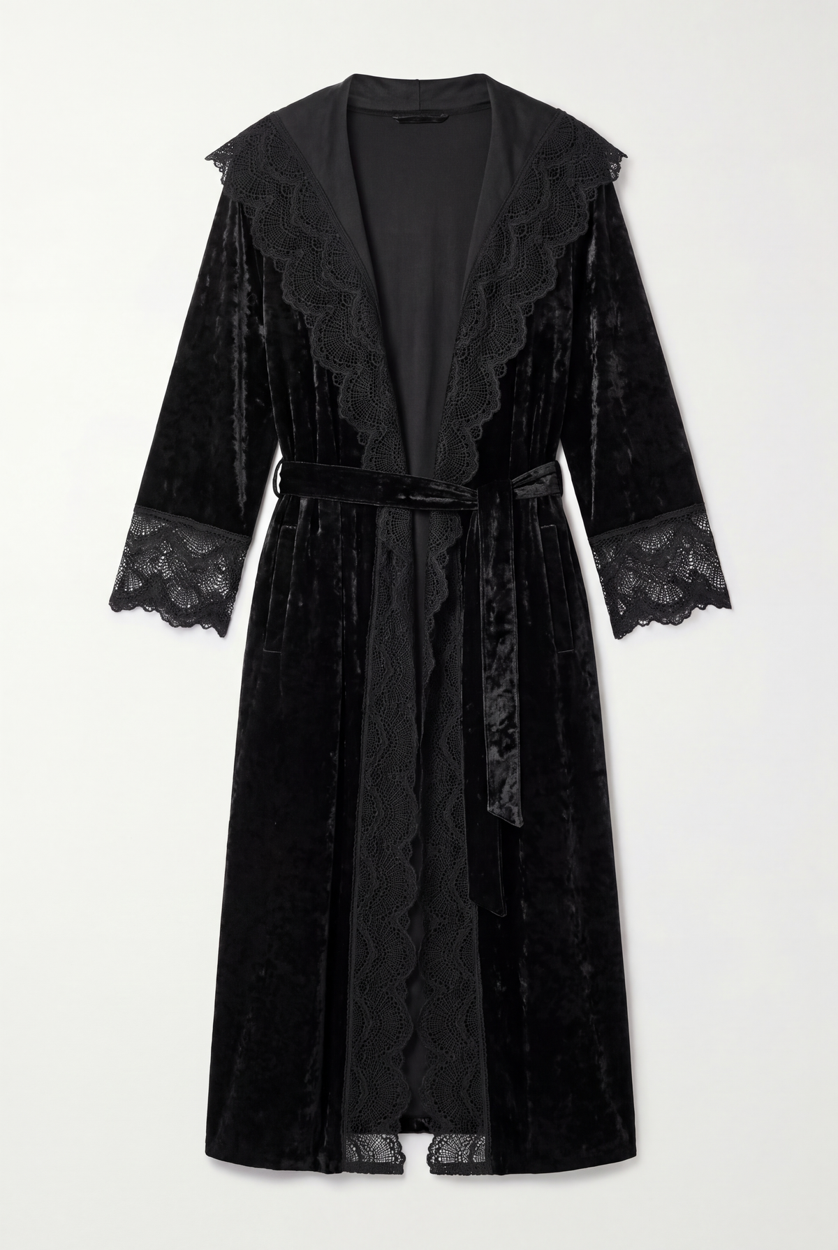 Front view of the black crushed velvet romantasy gown with lace-trimmed hood, front edges and cuffs, and a waist tie